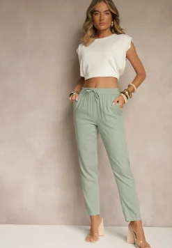 Zielone Spodnie z Lnem i Wiązaniem Natomiela
