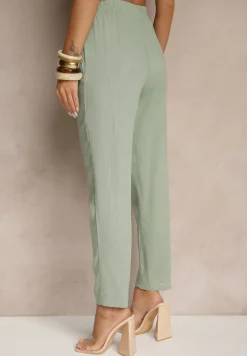 Zielone Spodnie z Lnem i Wiązaniem Natomiela