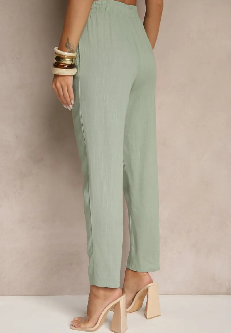 Zielone Spodnie z Lnem i Wiązaniem Natomiela
