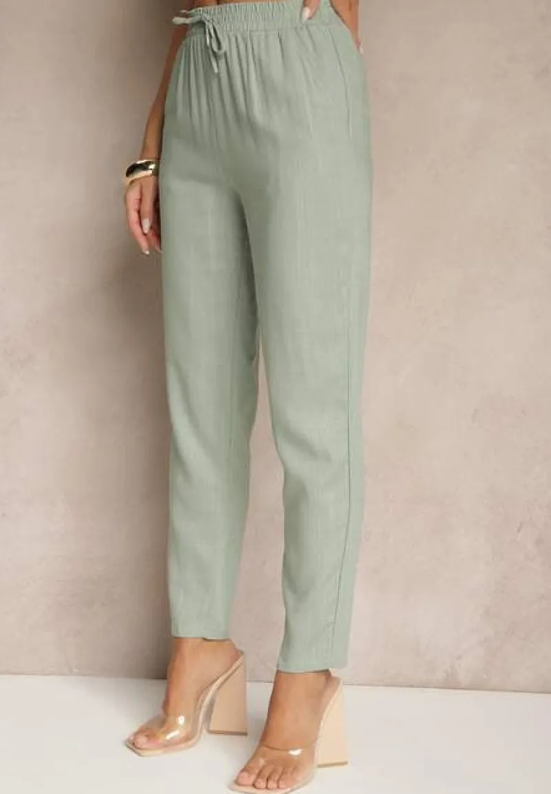 Zielone Spodnie z Lnem i Wiązaniem Natomiela