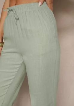 Zielone Spodnie z Lnem i Wiązaniem Natomiela