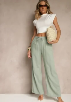 Zielone Spodnie z Lnem o Szerokim Kroju z Gumką w Talii Filarive