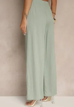 Zielone Spodnie z Lnem o Szerokim Kroju z Gumką w Talii Filarive