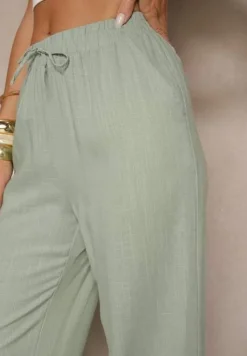 Zielone Spodnie z Lnem o Szerokim Kroju z Gumką w Talii Filarive