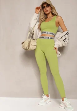 Zielone Sportowe Legginsy Elastyczne z Ozdobną Szeroką Gumą w Pasie Larnode