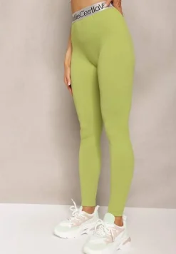 Zielone Sportowe Legginsy Elastyczne z Ozdobną Szeroką Gumą w Pasie Larnode