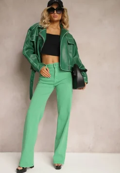 Zielone Szerokie Jeansy z Bawełnianej Tkaniny Plumeti High Waist Rrisa