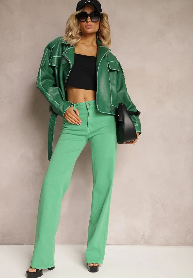 Zielone Szerokie Jeansy z Bawełnianej Tkaniny Plumeti High Waist Rrisa
