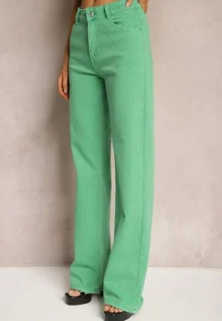Zielone Szerokie Jeansy z Bawełnianej Tkaniny Plumeti High Waist Rrisa