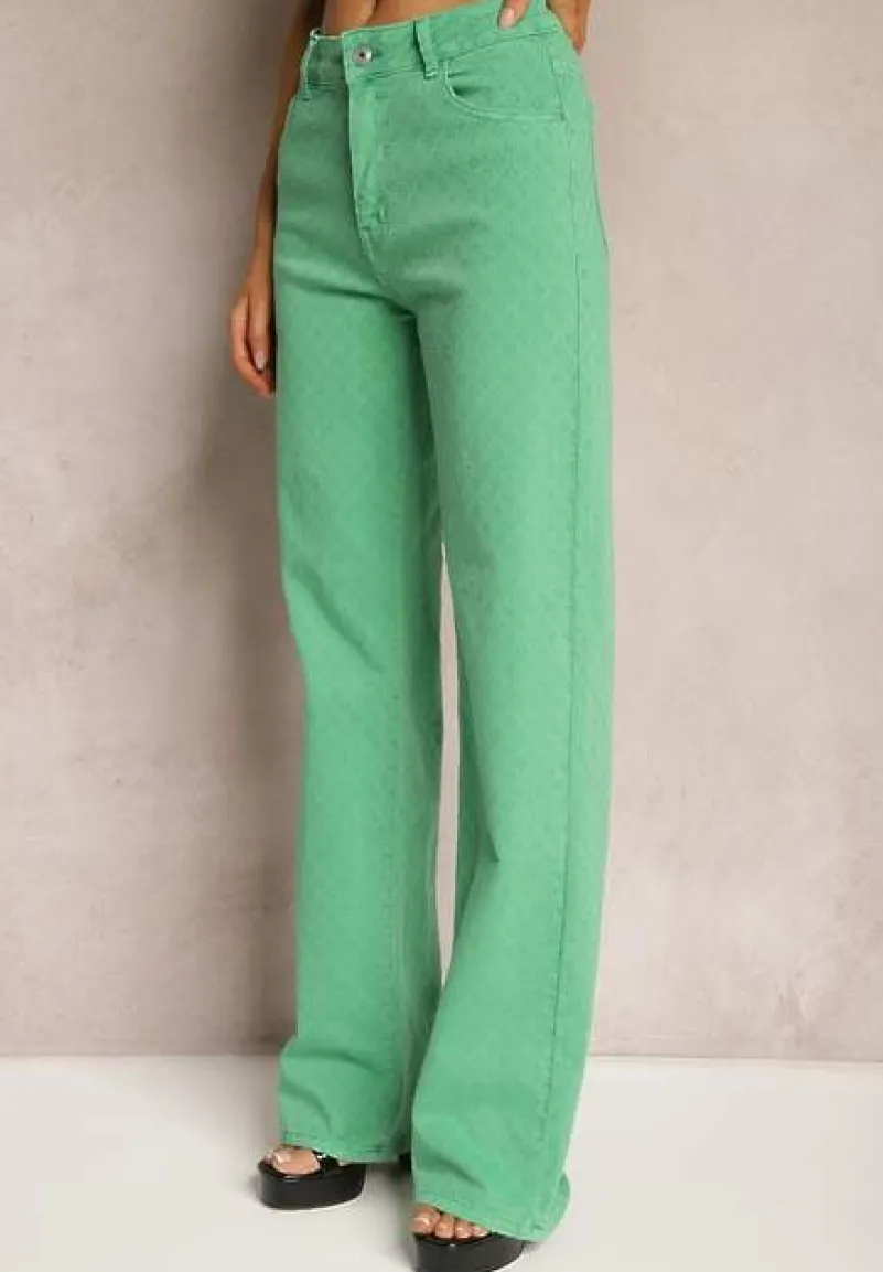 Zielone Szerokie Jeansy z Bawełnianej Tkaniny Plumeti High Waist Rrisa