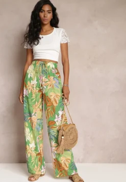 Zielone Szerokie Spodnie w Kwiaty z Gumką w Pasie Alaysa