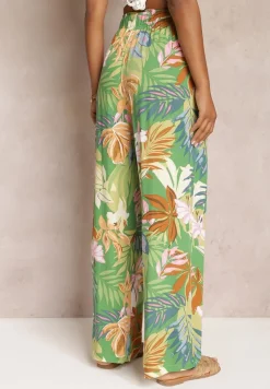 Zielone Szerokie Spodnie w Kwiaty z Gumką w Pasie Alaysa