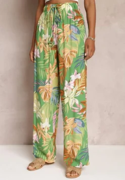 Zielone Szerokie Spodnie w Kwiaty z Gumką w Pasie Alaysa