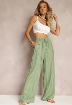 Zielone Szerokie Spodnie z Wiskozy i Gumką w Pasie Abyga