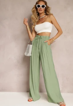 Zielone Szerokie Spodnie z Wiskozy i Gumką w Pasie Abyga