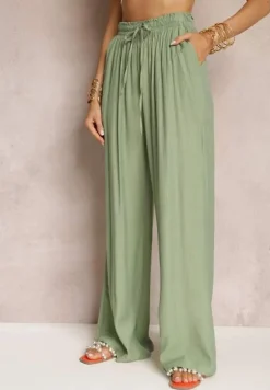 Zielone Szerokie Spodnie z Wiskozy i Gumką w Pasie Abyga