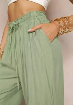 Zielone Szerokie Spodnie z Wiskozy i Gumką w Pasie Abyga