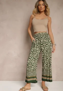 Zielone Szerokie Spodnie Culottes z Bawełny w Ornamentalny Print Lisanella