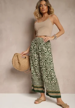 Zielone Szerokie Spodnie Culottes z Bawełny w Ornamentalny Print Lisanella