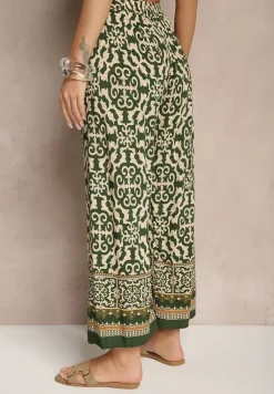 Zielone Szerokie Spodnie Culottes z Bawełny w Ornamentalny Print Lisanella