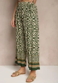 Zielone Szerokie Spodnie Culottes z Bawełny w Ornamentalny Print Lisanella