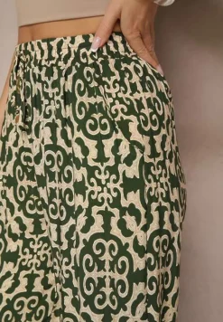 Zielone Szerokie Spodnie Culottes z Bawełny w Ornamentalny Print Lisanella
