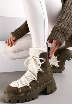 Zielone Sznurowane Botki z Futerkiem na Grubej Podeszwie Etara