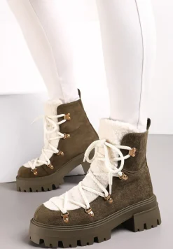 Zielone Sznurowane Botki z Futerkiem na Grubej Podeszwie Etara