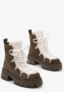 Zielone Sznurowane Botki z Futerkiem na Grubej Podeszwie Etara