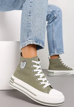 Zielone Sznurowane Trampki za Kostkę z Naszywką z Napisem i Grubą Podeszwą Bretva