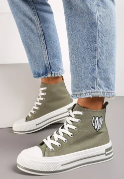 Zielone Sznurowane Trampki za Kostkę z Naszywką z Napisem i Grubą Podeszwą Bretva