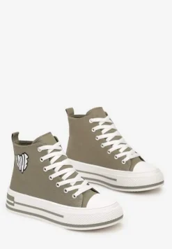 Zielone Sznurowane Trampki za Kostkę z Naszywką z Napisem i Grubą Podeszwą Bretva