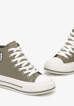 Zielone Sznurowane Trampki za Kostkę z Naszywką z Napisem i Grubą Podeszwą Bretva