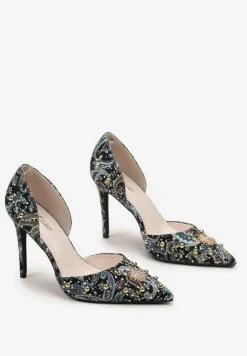 Zielone Szpilki z Noskiem w Szpic z Oryginalnym Wzorem z Cyrkoniami i Nitami Alfiratte