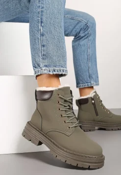 Zielone Traperki na Tłoczonej Podeszwie Ocieplane Futrem Toriga