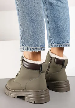 Zielone Traperki na Tłoczonej Podeszwie Ocieplane Futrem Toriga