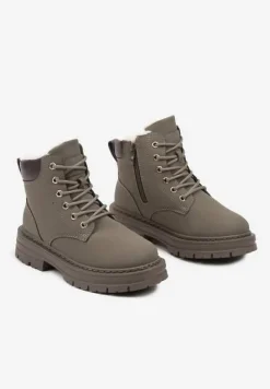 Zielone Traperki na Tłoczonej Podeszwie Ocieplane Futrem Toriga