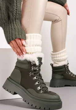 Zielone Traperki Sznurowane z Futerkiem Henna