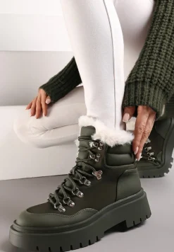 Zielone Traperki Sznurowane z Futerkiem Henna