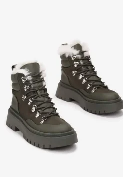 Zielone Traperki Sznurowane z Futerkiem Henna