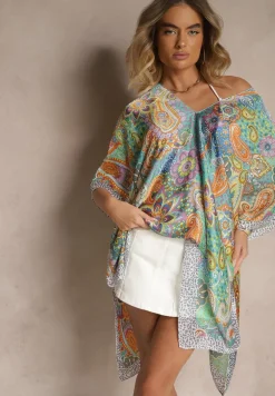 Zielone Wiskozowe Ponczo z Jedwabiem i Abstrakcyjnym Wzorem Sadellis