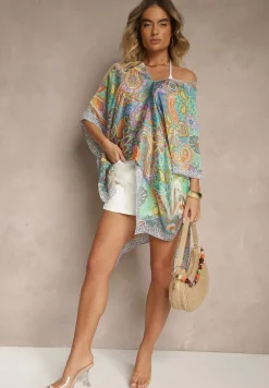 Zielone Wiskozowe Ponczo z Jedwabiem i Abstrakcyjnym Wzorem Sadellis