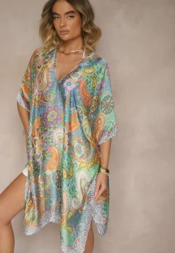 Zielone Wiskozowe Ponczo z Jedwabiem i Abstrakcyjnym Wzorem Sadellis