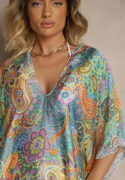 Zielone Wiskozowe Ponczo z Jedwabiem i Abstrakcyjnym Wzorem Sadellis