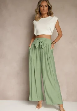 Zielone Wiskozowe Spodnie High Waist o Szerokim Kroju Aranisa