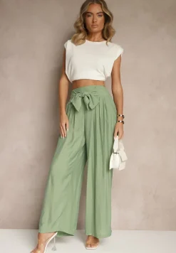 Zielone Wiskozowe Spodnie High Waist o Szerokim Kroju Aranisa
