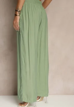 Zielone Wiskozowe Spodnie High Waist o Szerokim Kroju Aranisa