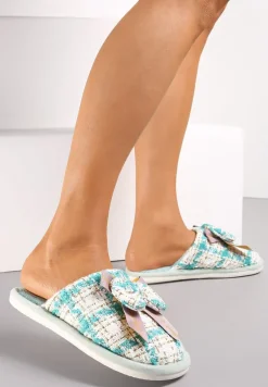 Zielone Wsuwane Kapcie w Kratkę z Metalicznej Nici z Kokardką z Przodu Kapati