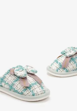 Zielone Wsuwane Kapcie w Kratkę z Metalicznej Nici z Kokardką z Przodu Kapati