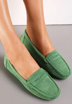 Zielone Wsuwane Mokasyny na Płaskiej Podeszwie z Przeszyciami Titalona